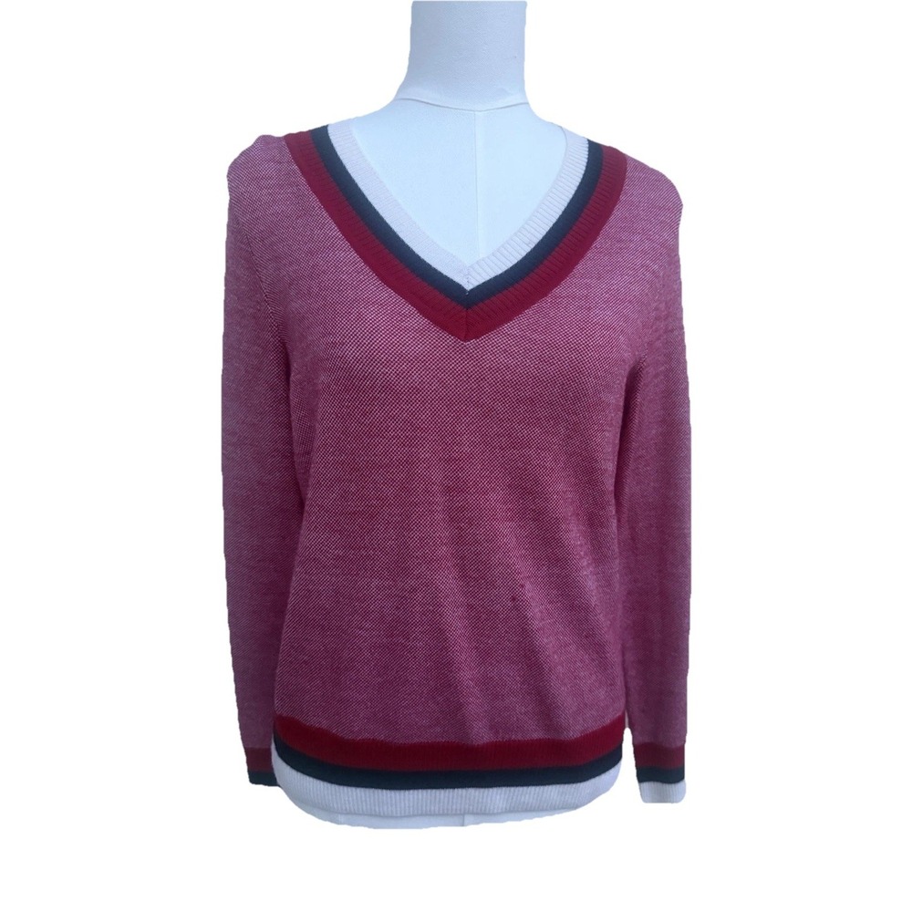 Brooks Brothers Red Fleece Wool Sweater Medium Red V Neck Preppy Varsity Striped